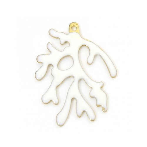 1 pendentif branche de corail émaillé blanc métal laiton doré