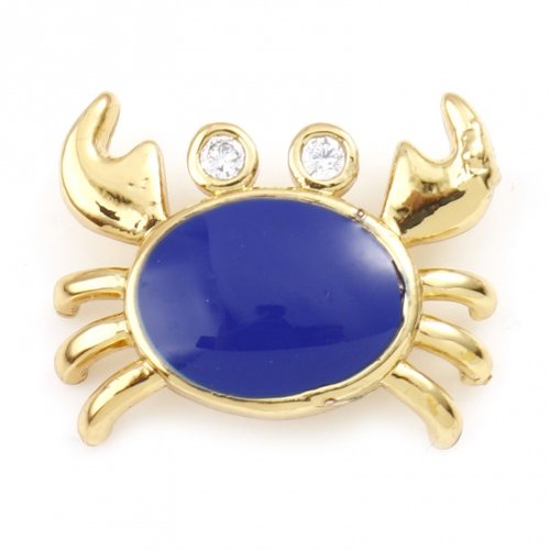 1 pendentif crabe marin 16 mm métal doré émaillé bleu marine strass cristal