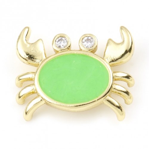 1 pendentif crabe marin 16 mm métal doré émaillé vert strass cristal