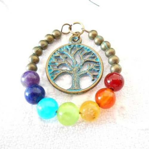 1 pendentif arbre de vie métal bronze et perles naturelles chakkra.
