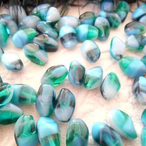 Perles x 6 de bohème en verre facette rayures bleue, turquoise, vert 