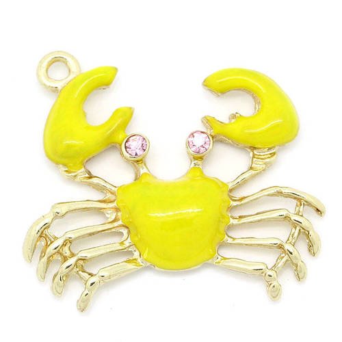 1 pendentif crabe 32 mm marin jaune, strass rose