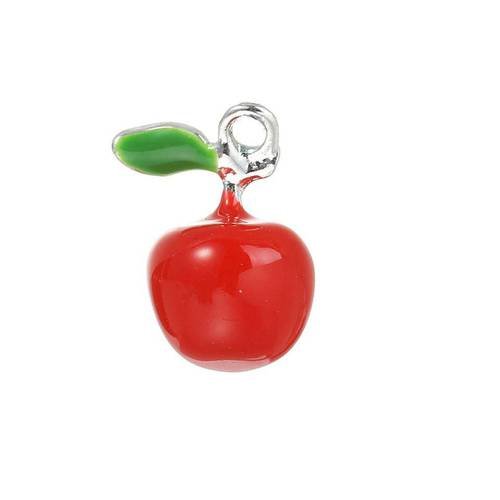 1 pomme pendentif métal argenté émail rouge et vert