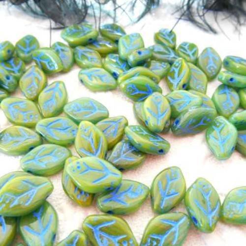 Perles x 6 feuilles verre de bohème tchèque vert et bleu 