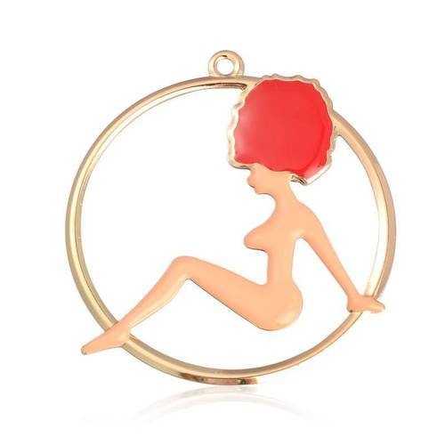 1 pendentif femme nue métal doré et émail rouge