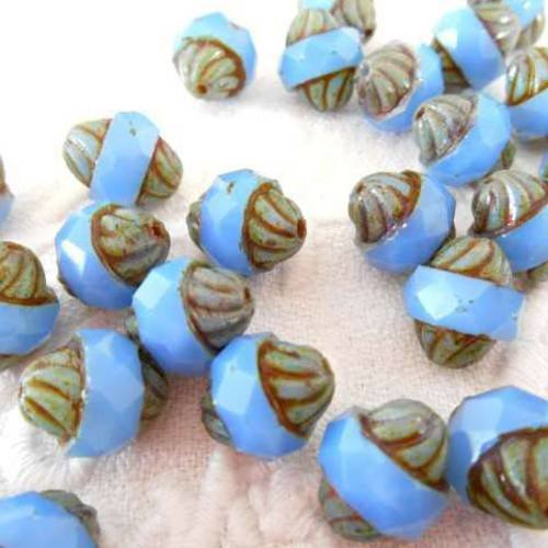 X 2 perles toupie 12 mm en verre tchèque bleu  et marron. 