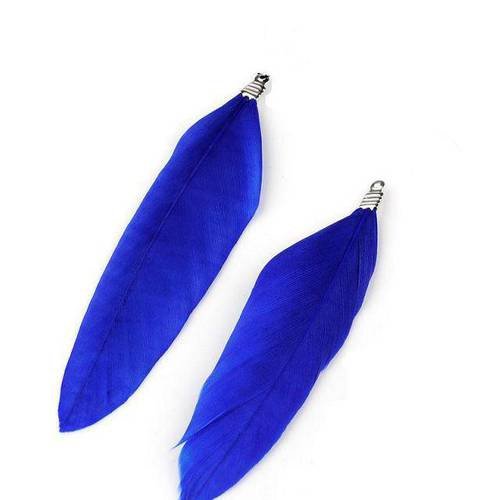 2 plumes naturelles pendentifs bleu électrique