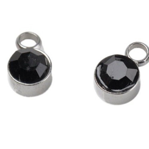 2 pendentifs ronds acier inoxydable strass noir