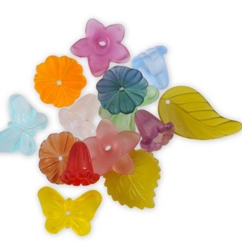 10 perles acrylique  papillon, fleurs, feuilles