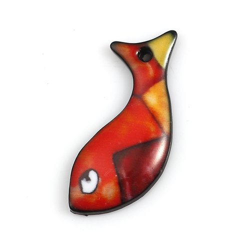 1 pendentif poisson métal émail noir et rouge