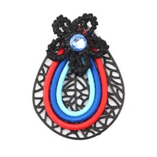 1 pendentif goutte estampe noire rouge bleu fleur