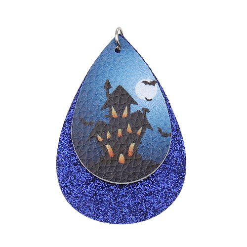 1 pendentif halloween goutte 57 mm simili cuir bleu paillettes