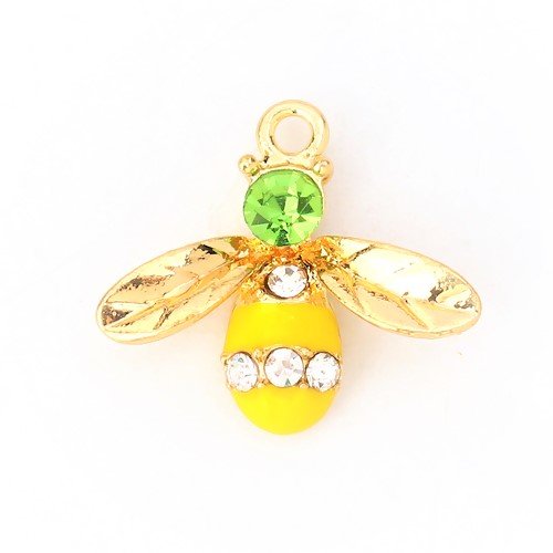 1 pendentif insecte abeille métal doré émail jaune strass vert