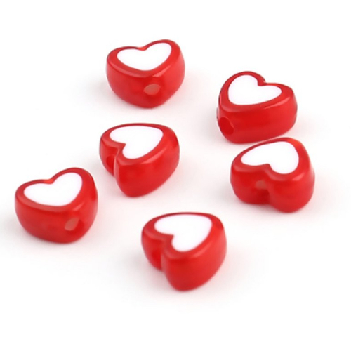 10 perles coeur acrylique rouge et blanche heishi
