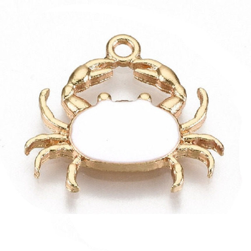 1 pendentif crabe marin 20 mm métal doré émaillé blanc