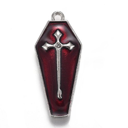 1 pendentif halloween croix argenté cercueil émail rouge