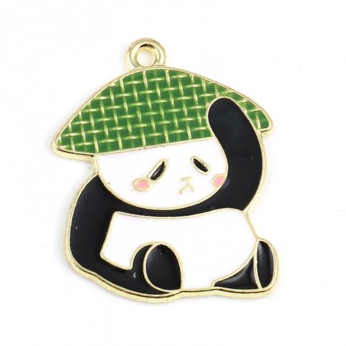 1 pendentif panda émail blanche verte noire métal doré