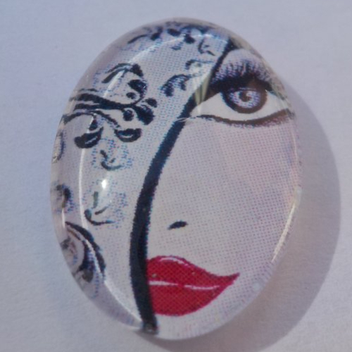Cabochon de verre visage de femme, ovale, 13x18 mm, noir et blanc,