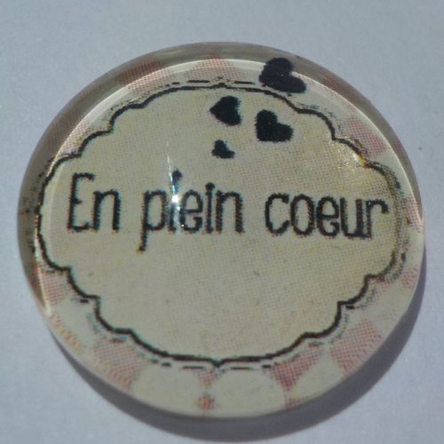 Cabochon avec son image d'écriture "en plein coeur", en verre, rond, 20 mm