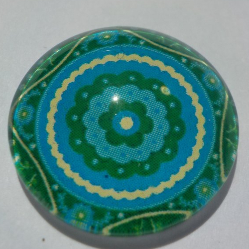 Cabochon avec son image de mandala, bleu et vert, en verre, rond, 20 mm