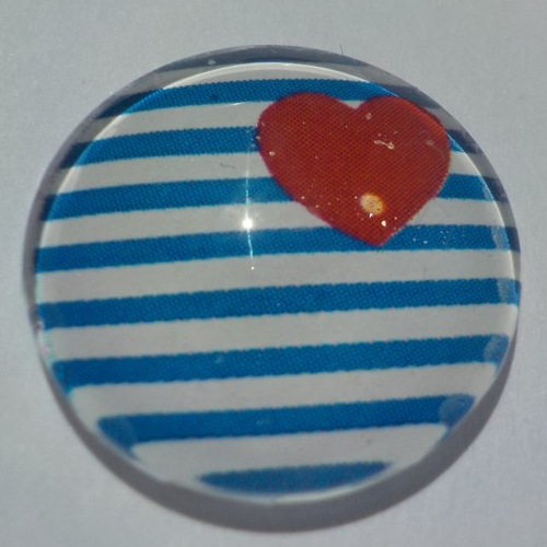 Cabochon avec son image de marinière, bleu, blanc, rouge, en verre, rond, 20 mm