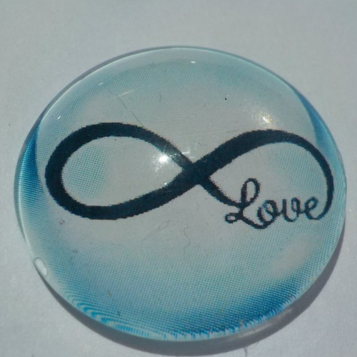Cabochon avec son image du signe de l'infini, bleu, en verre, rond, 20 mm