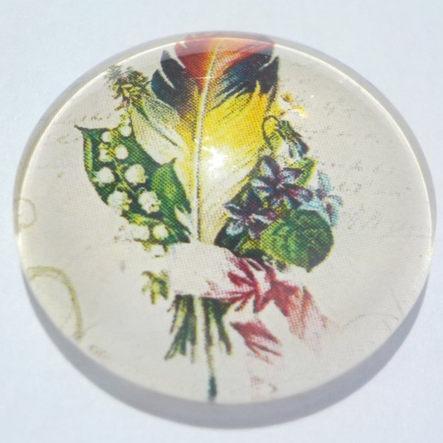 Cabochon de verre, plume, 25 mm, jaune, vert, rouge,