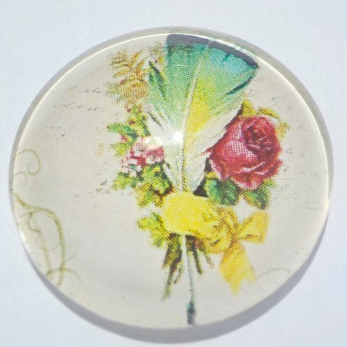 Cabochon de verre, plume, 25 mm, bleu, beige