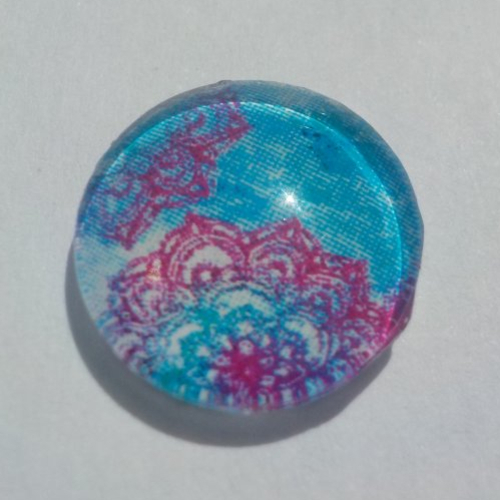 Cabochon de verre, fuchsia, turquoise, 12 mm, mandala.