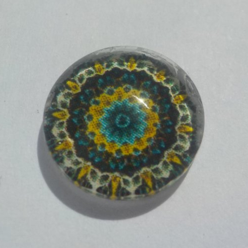 Cabochon de verre, mandala, gris, jaune, 12 mm.