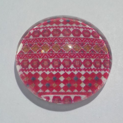 Cabochon avec son image de forme géométrique, bordeaux, blanc, verre, rond, 18 mm