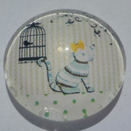 Cabochon avec son image de chat, noir, jaune, en verre, rond, 18 mm