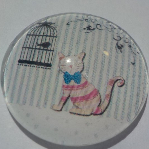 Cabochon avec son image de chat, gris, rose, en verre, rond, 18 mm