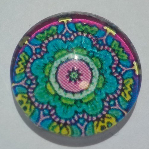 Cabochon avec son image de mandala, multicolore, en verre, rond, 18 mm