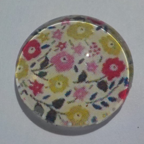 Cabochon avec son image de fleurs, rose, vert, bleu marine, en verre, rond, 18 mm