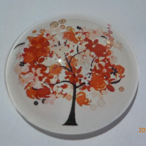 Cabochon avec son image d'arbre de vie, marron clair, en verre, rond, 30 mm
