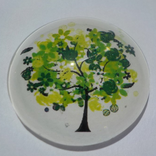 Cabochon avec son image d'arbre de vie, vert, foncé, en verre, rond, 30 mm