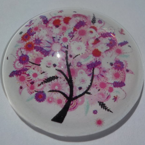 Cabochon avec son image d'arbre de vie, rose, en verre, rond, 30 mm