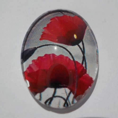 Cabochon, ovale, coquelicot, en verre 18 x 25 mm