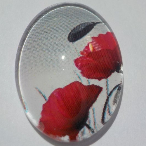 Cabochon, ovale, coquelicot, en verre 18 x 25 mm, gris, rouge, noir,