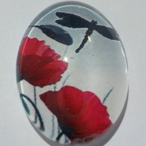 Cabochon, ovale, coquelicot, libellule, en verre 18 x 25 mm, rouge, noir, gris,