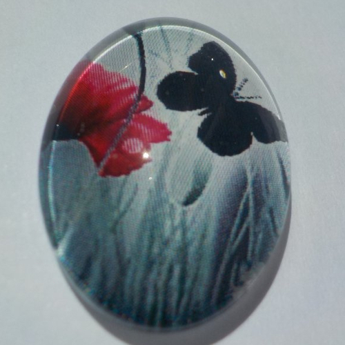 Cabochon, ovale, coquelicot, papillon, en verre 18 x 25 mm, gris, noir, rouge
