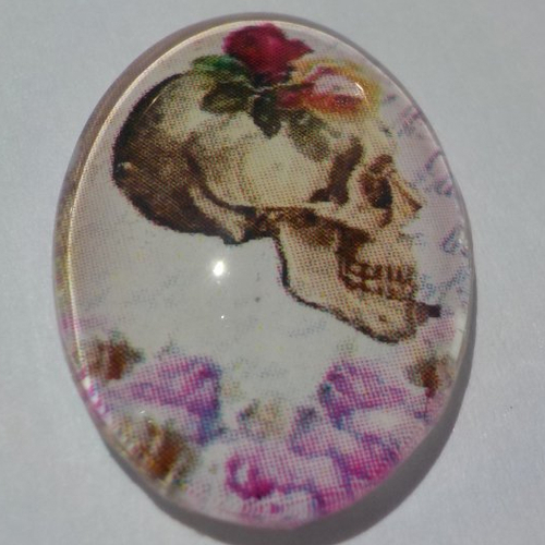 Cabochon, ovale, tête de mort, fleur, en verre 18 x 25 mm, multicolore,
