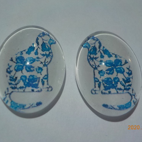 Lot de 2 cabochons, ovale, chat, liberty, bleu, en verre 18 x 25 mm