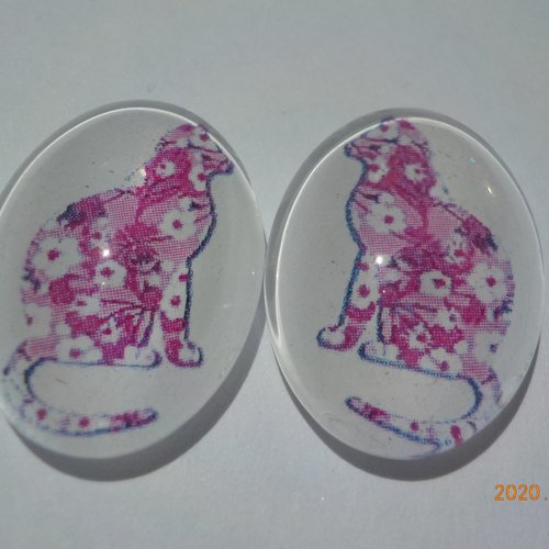 Lot de 2 cabochons, ovale, chat, liberty, rose, en verre 18 x 25 mm