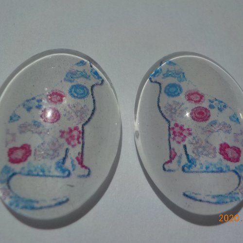 Lot de 2 cabochons, ovale, chat, liberty, bleu, rouge, en verre 18 x 25 mm
