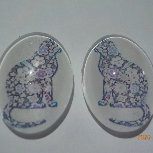 Lot de 2 cabochons, ovale, chat, liberty, prune, en verre 18 x 25 mm