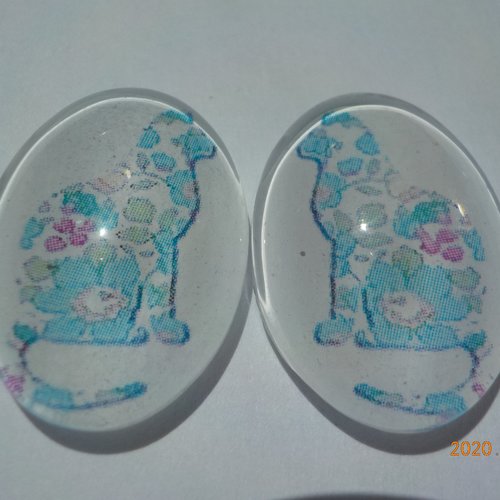 Lot de 2 cabochons, ovale, chat, liberty, turquoise, vert, en verre 18 x 25 mm