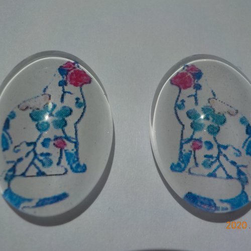 Lot de 2 cabochons, ovale, chat, liberty, turquoise, vert, en verre 18 x 25 mm