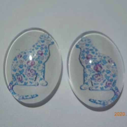 Lot de 2 cabochons, ovale, chat, liberty, prune, en verre 18 x 25 mm